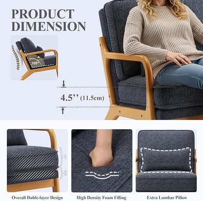 MALOL Accent Chair Set of 2 with Solid Wood Frame, Mid-Century Relaxing Armchair Lumbar Pillow& Soft Cushion, Reading Leisure Chair for Living Room, Bedroom, Waiting Room-Blue