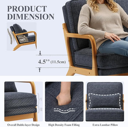 MALOL Accent Chair with Solid Wood Frame, Mid-Century Relaxing Armchair Lumbar Pillow& Soft Cushion, Reading Leisure Chair for Living Room, Bedroom, Waiting Room-Blue