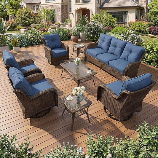 Patio Furniture Set, 8PCS Outdoor Wicker Conversation Set with 6" Thick Cushions, High Back Rattan Sofa & Swivel Rocker Chairs, Weather Resistant Olefin Fabric for Garden, Poolside, Navy Blue