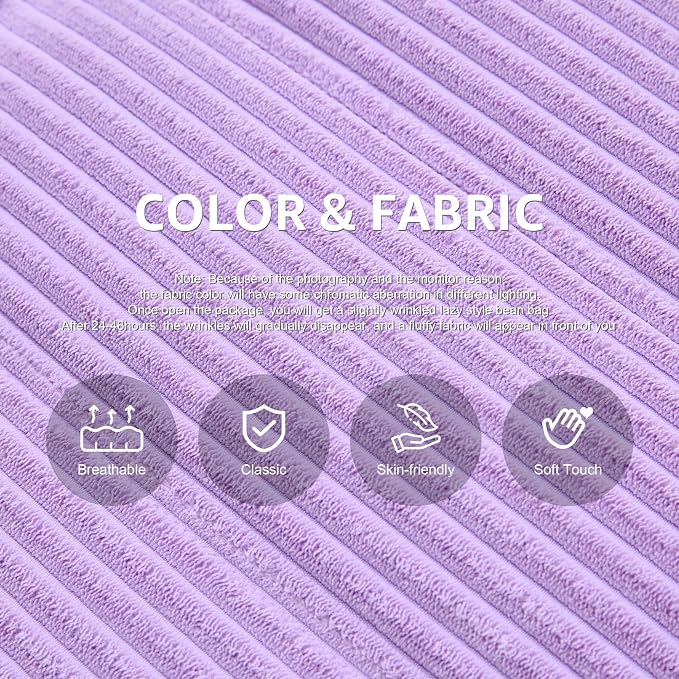 Hobestluk Adults Bean Bag Chair Faux Fur BeanBag Couch for Living Room | Purple Corduroy,Ergonomic Design,Memory Foam,UltraSoft,Anti-slip Bottom,No Assembly Required,Decorative Style for Living Room