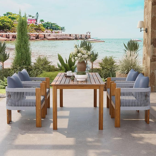 Quarte Luxury 4-Person Outdoor Dining Set: Solid Acacia Wood Table with Rope-Woven Chairs & Comfy Cushions for Patio, Garden, Poolside or Deck (Brown,Gray-R)