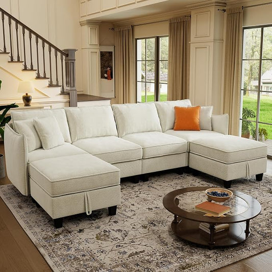WorthFurni 112" Modular Sectional Sofa U Shape Couches with Storage Ottoman and Washable Cushion Cover for Living Room, Bedroom, Apartment(Beige)