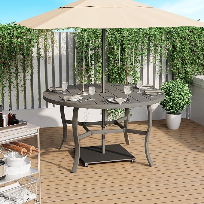 HAPPATIO Patio Dining Set, Aluminum Round Outdoor Dining Set for 6, 52" Round Dining Table with Umbrella Hole and 6 Chairs, Outdoor Table and Chairs with Removable Cushion for Lawn Yard Patio