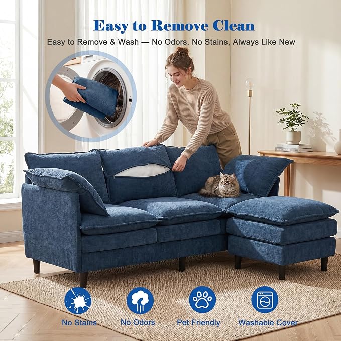 3 Seater L-Shape Couch Sofa with Ottoman, 69" Small Couch Modern Comfy Cloud Chenille Sofa 23" Deep with Washable Pillow Cover Couches for Living Room Bedroom Apartment Office 69-Blue-L