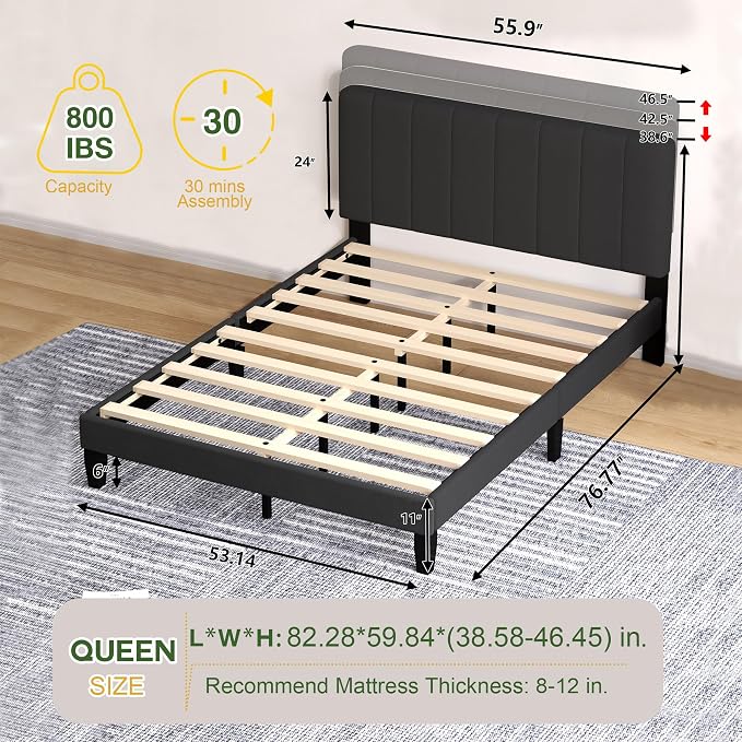 Queen Size Bed Frame with Headboard, Platform Bed with Soft Velvet Upholstered Headboard | Wooden Slats Support | Adjustable Height | No Box Spring Needed, Queen Bed Frame Black