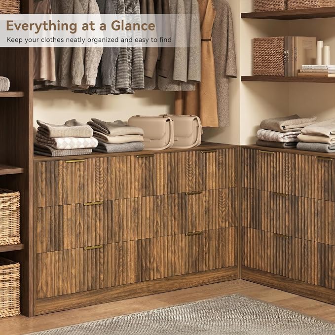 Walnut 7 Drawer Dresser for Bedroom, 55" Wide Fluted Chest of Drawers with Gold Metal Handles, Modern Wood Dresser Closet Storage Organizer Mid Century TV Stand for Living Room Hallway