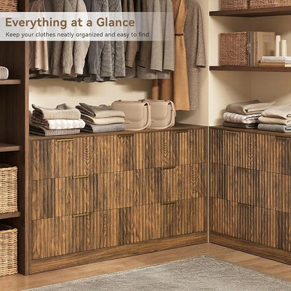 Walnut 7 Drawer Dresser for Bedroom, 55" Wide Fluted Chest of Drawers with Gold Metal Handles, Modern Wood Dresser Closet Storage Organizer Mid Century TV Stand for Living Room Hallway
