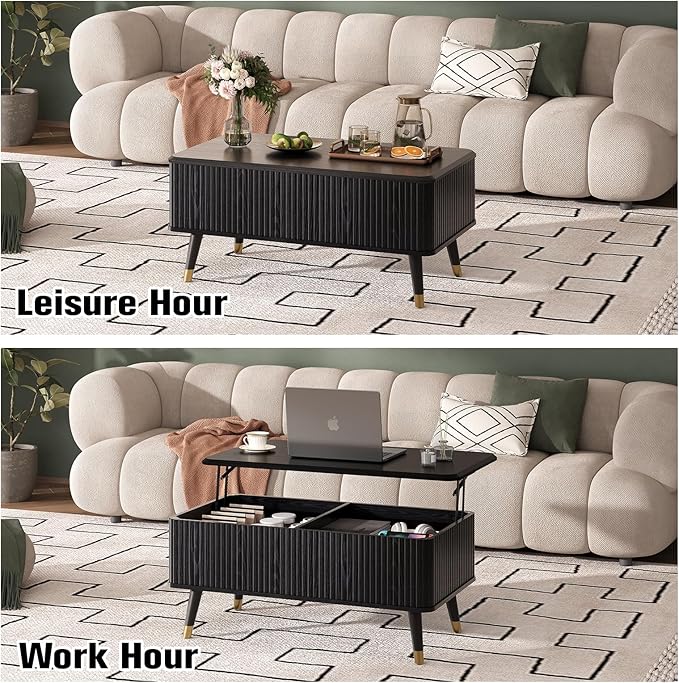 Lift Top Coffee Table with Storage, Modern Coffee Table with Solid Wood Legs, 38" Minimalist Fluted Center Table for Living Room, Home Office, Black