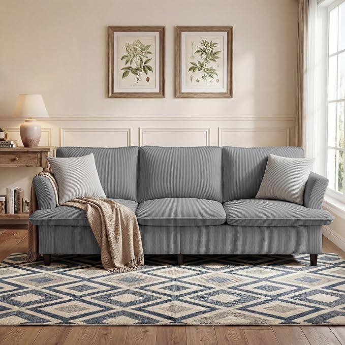 GRUSIGN 3 Seater Corduroy Couch, 89" Comfy Couch with Deep Seat, Modern Sofa Couch for Living Room, Office, Bedroom, Apartment (Pillows not Included)