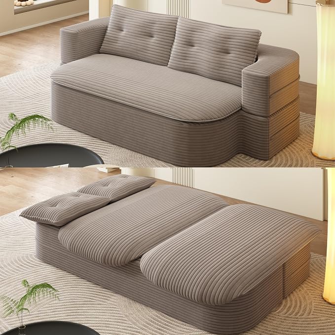 78.7" Futon Sofa Bed, 2-in-1 Foldable Sleeper Sofa, Convertible Sofa Bed with Pillows, Corduroy Couch with Multi Functional Blanket Upholstered Boneless Couches for Living Room, Brown
