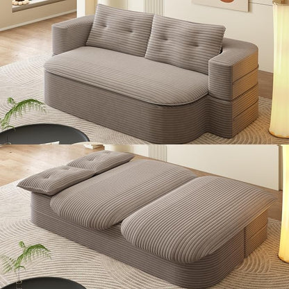 78.7" Futon Sofa Bed, 2-in-1 Foldable Sleeper Sofa, Convertible Sofa Bed with Pillows, Corduroy Couch with Multi Functional Blanket Upholstered Boneless Couches for Living Room, Brown