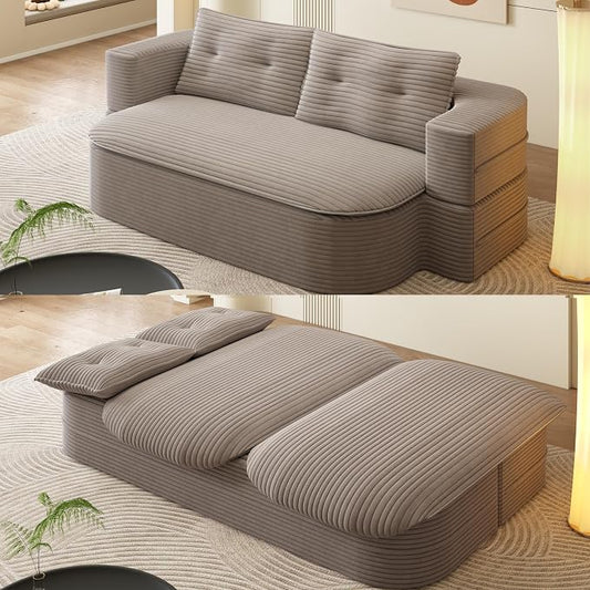 78.7" Futon Sofa Bed, 2-in-1 Foldable Sleeper Sofa, Convertible Sofa Bed with Pillows, Corduroy Couch with Multi Functional Blanket Upholstered Boneless Couches for Living Room, Brown