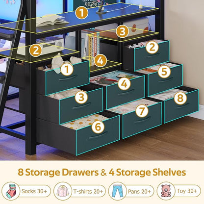 busyaeh Bunk Bed Twin Over Twin,8 Drawers & 4 shelve,15" H Safety Guardrail | Low Bunk Bed with LED Light,Metal L-Shaped Twin Bunk Bed with Charging Station,Floor Bunk Bed with Ladder,Twin bunk bed Black