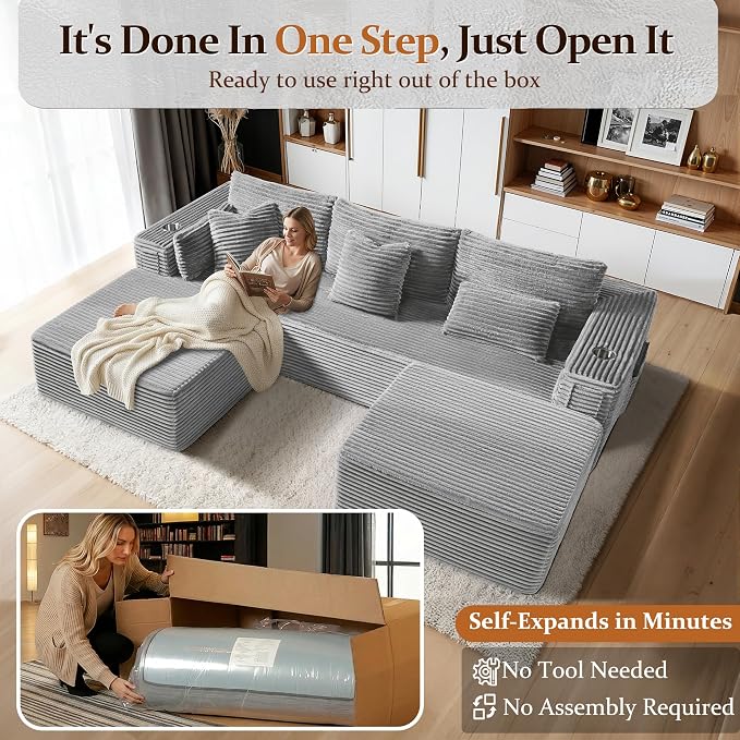 108" Oversized Cloud Sectional Couch, Comfort U Shaped Boneless Couch for Living Room, Extra Deep Seats No Assembly, Modular Sofa, Corduroy (Light Grey, 2 Seater+Right Facing Chaise+Ottoman)