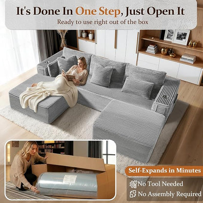 108" Oversized Cloud Sectional Couch, Comfort U Shaped Boneless Couch for Living Room, Extra Deep Seats No Assembly, Modular Sofa, Corduroy (Light Grey, 2 Seater+Right Facing Chaise+Ottoman)