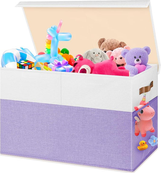 Mabahoo Large Toy Box, Collapsible Sturdy Storage Chest With Lids, Kids Toy Chest Storage Organizer Toddler Bin Boxes for Living Room, Bedroom, Nursery, 25"x13"x16", Purple & White