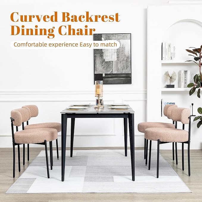 DYHOME Kitchen Chairs Mid-Century Modern Dining Chairs Set of 6, Kitchen Dining Room Chairs, Boucle Upholstered Wishbone Dining Chair, Camel Color