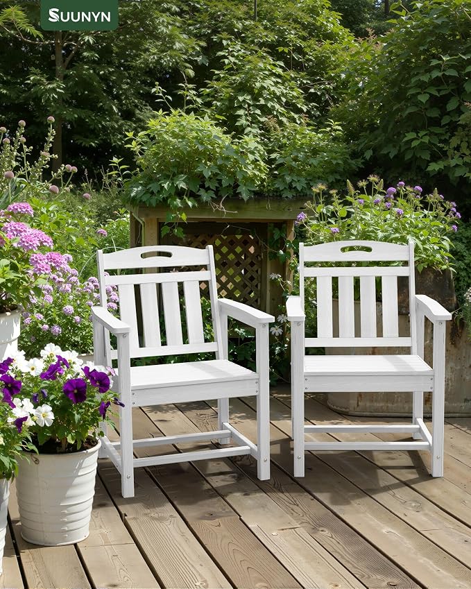 Patio Chairs, HDPE Outdoor Dining Chairs with Wide Seat, All Weather Oversized Porch Chair for Garden, Backyard, Deck - White