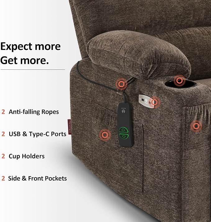 MCombo Power Lift Recliner Chair for Elderly, Lift Chair with Heat and Massage, Extra Wide Lift Recliner for Big People, Fabric R7096 (Medium-Wide, Coffee)