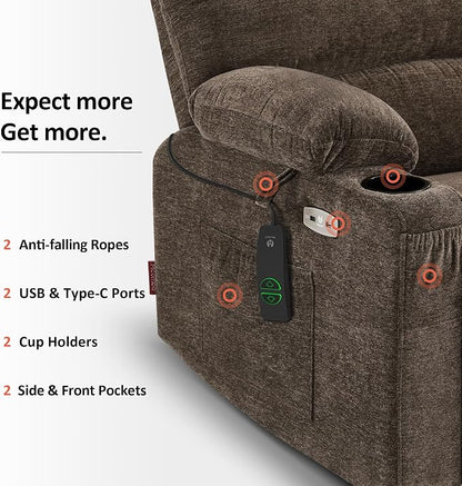 MCombo Power Lift Recliner Chair for Elderly, Lift Chair with Heat and Massage, Extra Wide Lift Recliner for Big People, Fabric R7096 (Medium-Wide, Coffee)