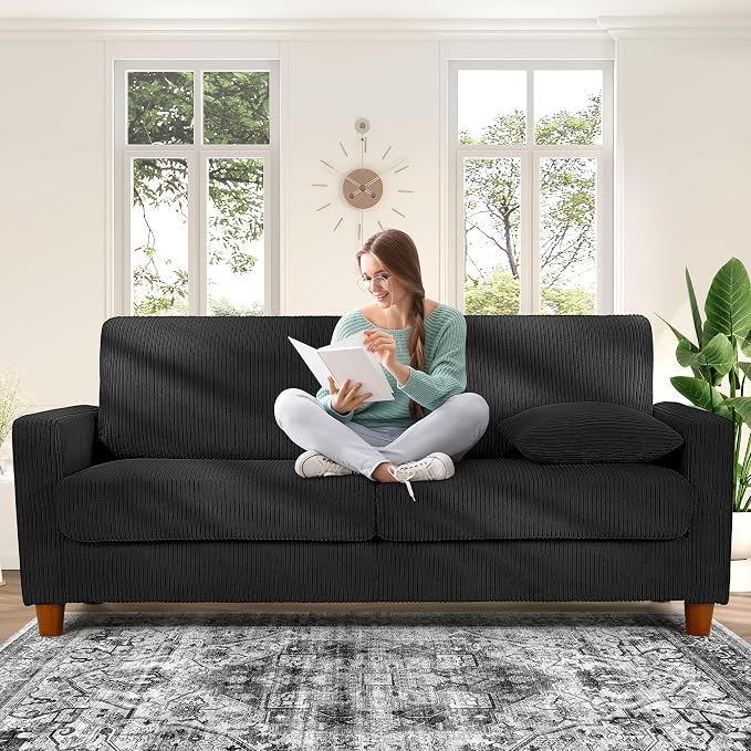 Kidirect 70in L Shaped Couch, Modular Sofa No Tool Assembly, Comfy Sectional Couches for Living Room 21in Deeper Seats, Corduroy Sofas for Living Room with 2 Pillows, Loveseat Sofa Set, Black Couch