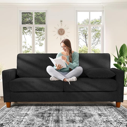 Kidirect 70in L Shaped Couch, Modular Sofa No Tool Assembly, Comfy Sectional Couches for Living Room 21in Deeper Seats, Corduroy Sofas for Living Room with 2 Pillows, Loveseat Sofa Set, Black Couch