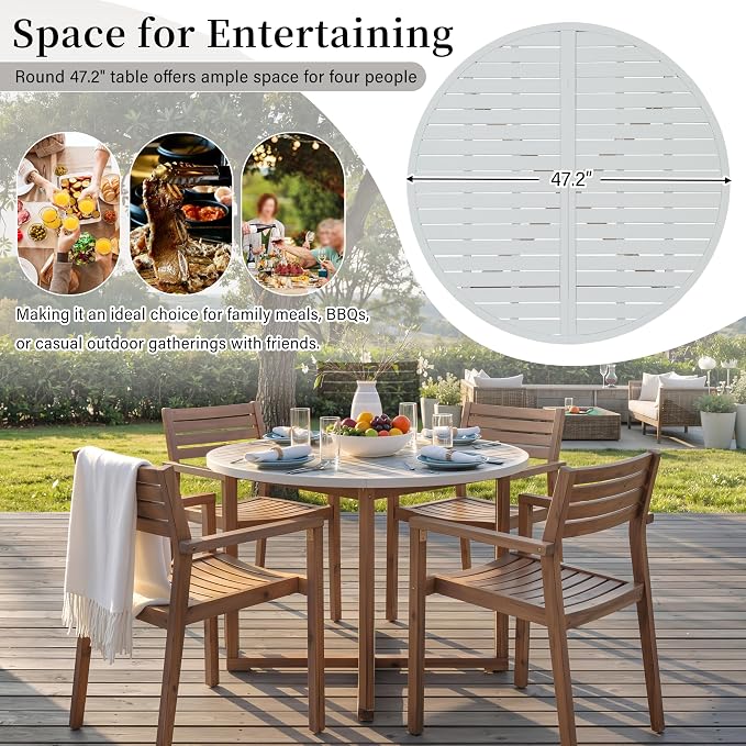 VilroCaz 5-Piece Acacia Wood Outdoor Dining Set for 4, All-Weather 47.2" Round Dining Table with 4 Armchairs and Slatted Design for Patios, Gardens, Pool Sides, and Lawn Areas (Light Brown-4.11)