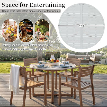 VilroCaz 5-Piece Acacia Wood Outdoor Dining Set for 4, All-Weather 47.2" Round Dining Table with 4 Armchairs and Slatted Design for Patios, Gardens, Pool Sides, and Lawn Areas (Light Brown-4.11)