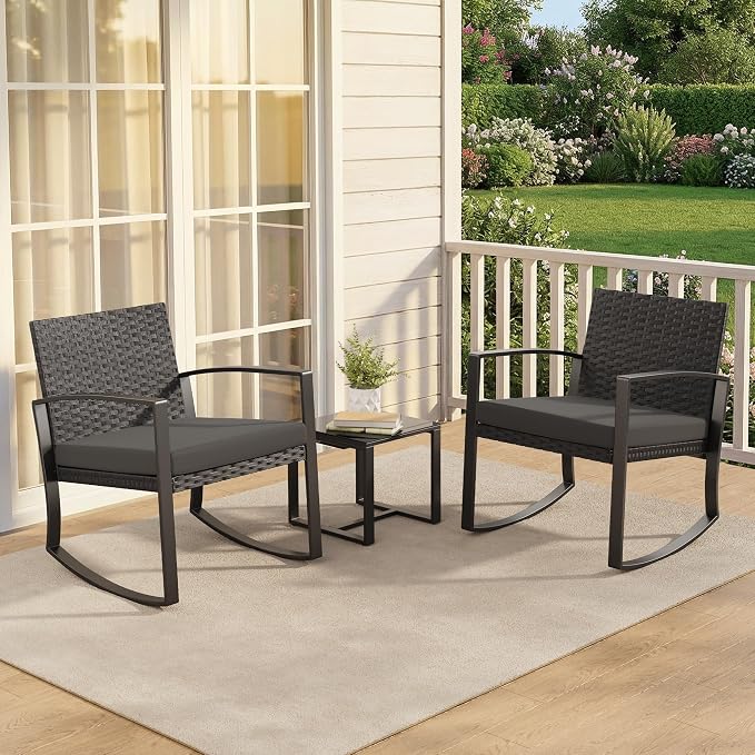 Qsun 3 Pieces Patio Furniture Set Rocking Bistro Set, Outdoor Patio Furniture Set with Coffee Table for Garden Balcony Backyard Poolside (Black Cushion)
