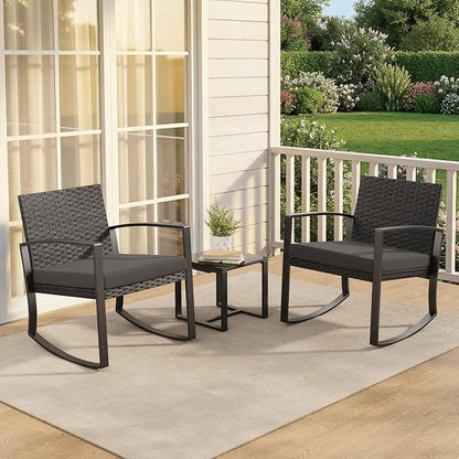 Qsun 3 Pieces Patio Furniture Set Rocking Bistro Set, Outdoor Patio Furniture Set with Coffee Table for Garden Balcony Backyard Poolside (Black Cushion)