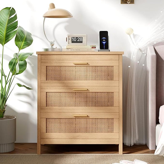 Keehusux Rattan Nightstand with Charging Station, 23.6" Wide Bedside Table with 3 Drawers, Boho Night Stand with Metal Handles, Accent End Table for Bedroom, Guest Room, Natural