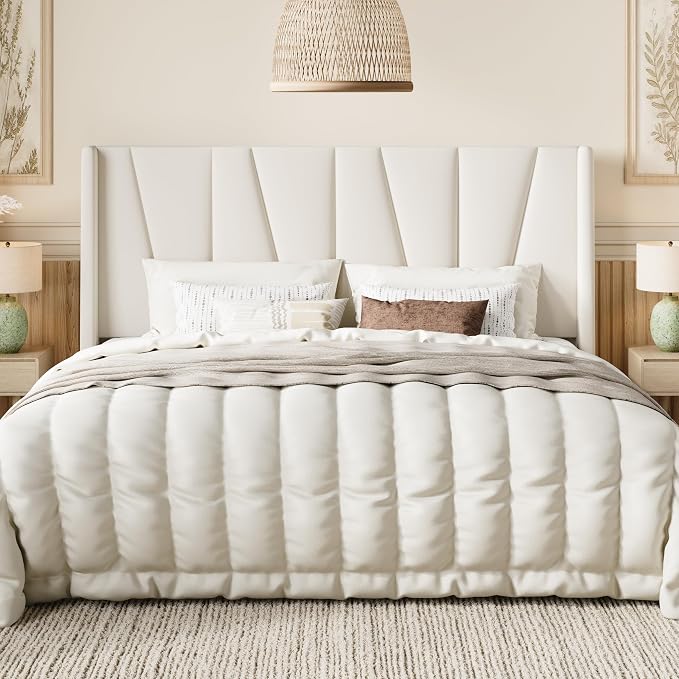 SHA CERLIN King Size Velvet Bed Frame with Geometric Wingback Headboard, Upholstered Platform Bed with Wooden Slats Support, 8" Under-Bed Space, No Box Spring Needed, Easy Assembly, Cream
