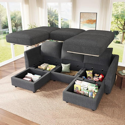 HONBAY Modular Sectional Sofa with Storage U Shaped Sectional Sofa, Convertible Couches for Living Room - Snowflake Velvet Grey
