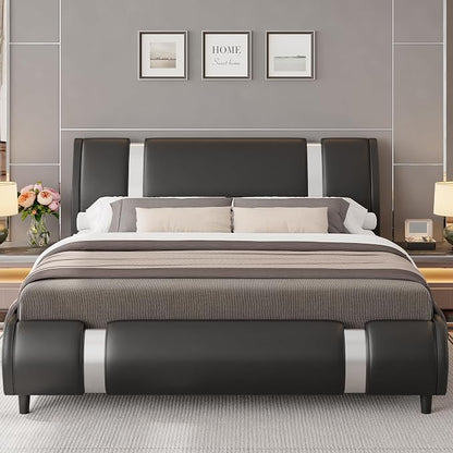 Keyluv Modern Queen Size Bed Frame with Mirror Metal Decoration, Faux Leather Upholstered Platform Bed with Curved Headboard, Wooden Slats Support, No Box Spring Needed, Black