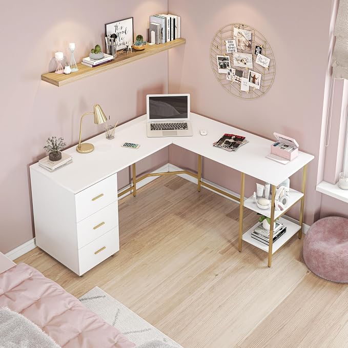 Techni Mobili L Shaped Desk - Two-Toned Computer Desk with Drawers & Storage Shelves - Simple Modern Furniture & Home Office Space Corner Table for Work & Writing | 59" two‑tone L‑shaped desk with storage shelves, durable frame, modern corner workstati...