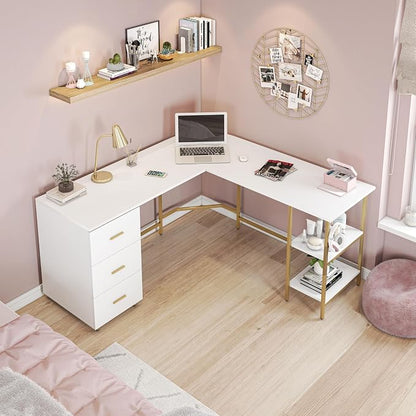 Techni Mobili L Shaped Desk - Two-Toned Computer Desk with Drawers & Storage Shelves - Simple Modern Furniture & Home Office Space Corner Table for Work & Writing | 59" two‑tone L‑shaped desk with storage shelves, durable frame, modern corner workstati...