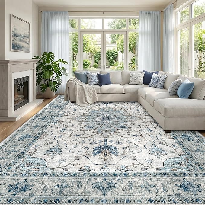 RELEANY Area Rugs Large 9'x12' Washable Non-Slip, Floral Vintage Distress Medallion Carpet for Living Room Bedroom Dining Room, Light Blue Navy Gray White