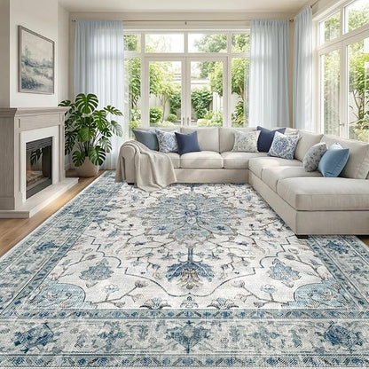 RELEANY Area Rugs Large 9'x12' Washable Non-Slip, Floral Vintage Distress Medallion Carpet for Living Room Bedroom Dining Room, Light Blue Navy Gray White