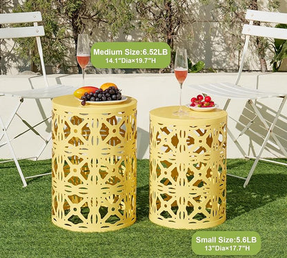 HFHOME Set of 3 Metal Outdoor Side Table, Nesting Round Coffee Table for Indoor Outdoor, Heavy Duty End Tables Plant Stand Living Room Garden Stool - Yellow