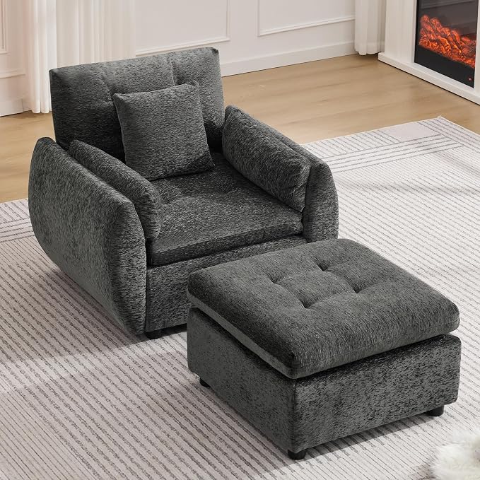 30" Modular Cloud Accent Chair with Ottoman, Deep Seat Tufted Chenille Sofa Chair with Curved Arms, Upholstered Reading Chairs for Living Room, Bedroom, Dark Grey