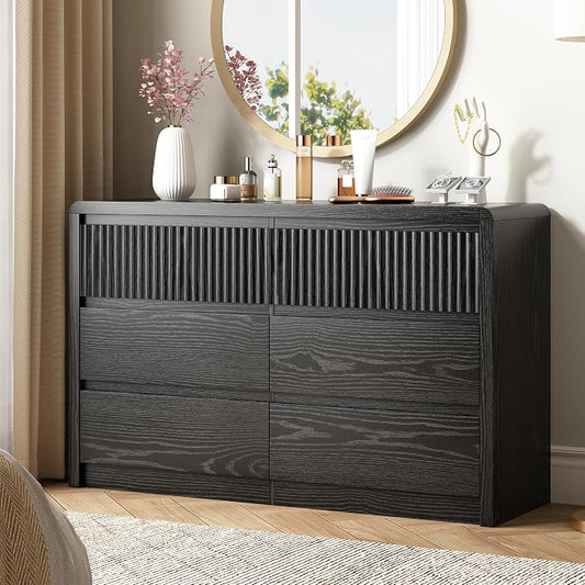 LYNSOM 6 Drawer Dresser for Bedroom, 50" Wide Fluted Dresser with Curved Corners, Wood Dressers & Chests of Drawers with Dual-Panel Design for Bedroom, Entryway, Black