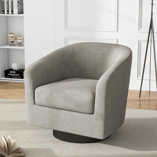 360° Swivel Barrel Accent Chair Upholstered Armchair, Modern Round Club Arm Chair Living Room Single Sofa Seating Bedroom Side Reading Seat in Fabric, Flax Khaki