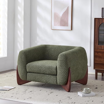 Christopher Knight Home Holly Modern Boucle Fabric Upholstered Club Chair for Living Room, Home Office, Apartment, Relaxing Chair with Removable Cushion and Birch Wood Legs, Olive Green+Walnut