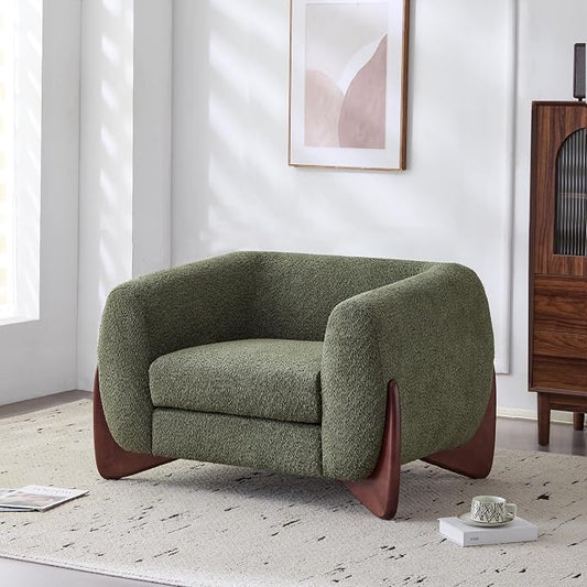 Christopher Knight Home Holly Modern Boucle Fabric Upholstered Club Chair for Living Room, Home Office, Apartment, Relaxing Chair with Removable Cushion and Birch Wood Legs, Olive Green+Walnut