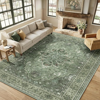 RELEANY Area Rugs Large 9'x12' Washable Non-Slip, Floral Vintage Distress Medallion Carpet for Living Room Bedroom Dining Room, Dark Green Gray