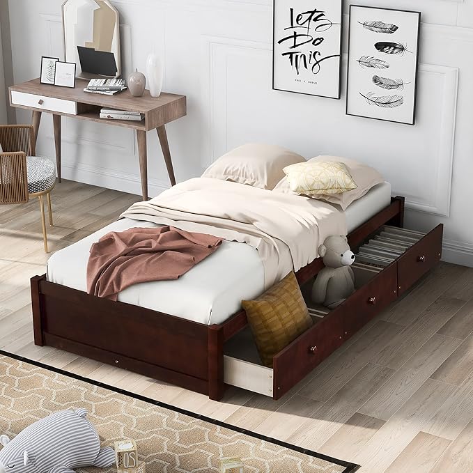 Merax Wood Bed Frame with 3 Drawers Twin Storge Day Bed with Wood Slat Support Space Saving Cherry