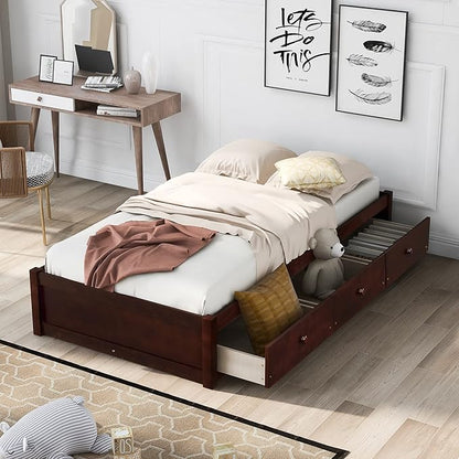 Merax Wood Bed Frame with 3 Drawers Twin Storge Day Bed with Wood Slat Support Space Saving Cherry