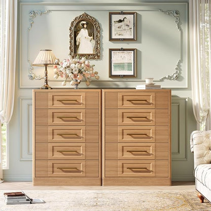 RECHHX Farmhouse 5 Drawers Dresser for Bedroom, 44" Tall Modern Chest of Drawers, Wooden Thermoformed Curved Dresser Organizer for Bedroom, Living Room, Natural Oak