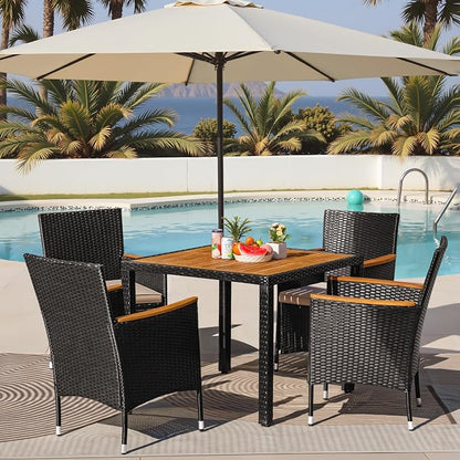 Greesum 5 Pieces Outdoor Patio Dining Set, Conversation Sets with 1 Table and 4 Rattan Chairs with Curved Acacia Wooden Armrests and Cushions, Black