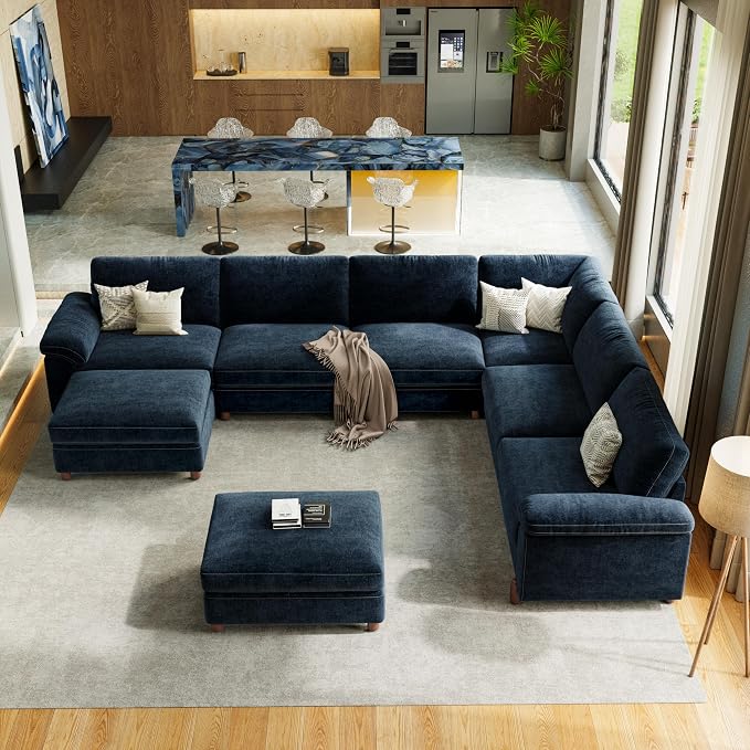 SITJOY Large Cloud Couch, 138" Wide 6 Seater V Shape, Chenille in Navy Blue | Detachable and Washable Chenille Cover Sectional Sofas for Living Room, Deep Seat Wide Couch with Chaise, Storage Ottoman